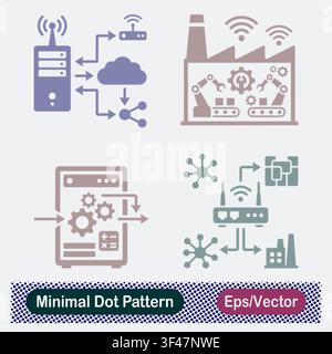Minimal Dot Pattern Server Cloud Network Routing, Smart Factory Industrial IoT, Server Data Processing Gears, and Wireless Network Gateway Vector Icon Stock Vector