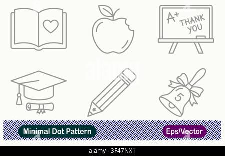 Minimal Dot Pattern Open Book Heart, Bitten Apple, Blackboard Thank You A Plus, Graduation Cap Diploma, Pencil, and School Hand Bell Vector Icons Set Stock Vector