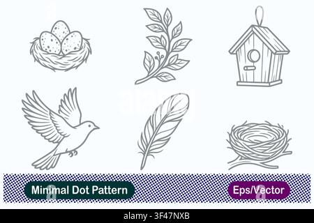Minimal Dot Pattern Bird Nest with Eggs, Leafy Tree Branch, Wooden Birdhouse, Flying Bird, Quill Feather, and Empty Woven Nest Vector Icons Set Stock Vector