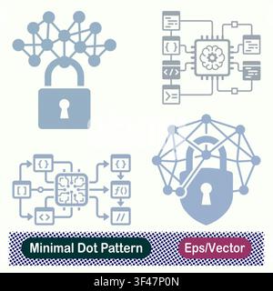 Minimal Dot Pattern Secure Neural Network Padlock, AI Brain Chip Microprocessor, Algorithm Data Flow, and Encrypted Mesh Network Shield Vector Icons Stock Vector
