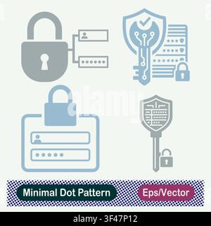 Minimal Dot Pattern Padlock User Authentication, Encryption Key Shield, Secure Login Window, and Password Security Vector Icons Set Stock Vector