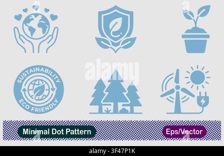 Minimal Dot Pattern Globe in Hands, Leaf Shield, Potted Plant, Sustainability Eco Friendly Badge, Pine Forest, and Wind Turbine Solar Energy Vector Stock Vector