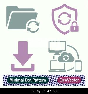 Minimal Dot Pattern Folder Sync, Secure Shield Lock, Download Arrow, and Multi Device Cloud Synchronization Vector Icons Set Stock Vector