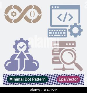 Minimal Dot Pattern DevOps Infinity Loop, Web Coding Programming, Cloud Processing Upgrade, and Server Inspection Vector Icons Set Stock Vector