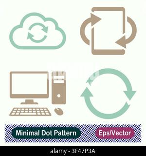 Minimal Dot Pattern Cloud Sync, Mobile Screen Rotation Sync, Desktop Computer Workstation, and Refresh Arrows Vector Icons Set Stock Vector