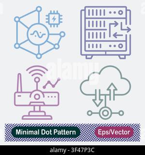Minimal Dot Pattern AI Neural Network Processor, Server Data Routing, Wireless Router Gateway, and Cloud Network Transfer Vector Icons Set Stock Vector