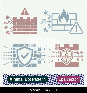 Minimal Dot Pattern Firewall Malware Attack, Network Defense Alert, Secure Data Filtering, and Protected Gateway Vector Icons Set Stock Vector