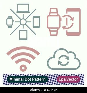 Minimal Dot Pattern Multi Device Network Hub, Smartwatch Phone Sync, Wifi Signal, and Cloud Synchronization Vector Icons Set Stock Vector