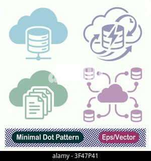 Minimal Dot Pattern Cloud Database Network, Fast Data Processing Sync, Cloud Documents, and Multi Node Database Vector Icons Set Stock Vector