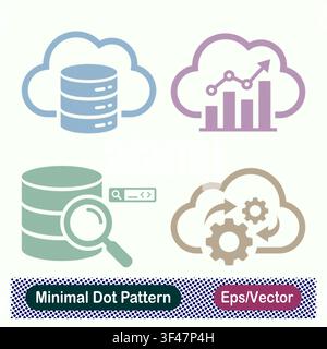 Minimal Dot Pattern Cloud Database, Cloud Analytics Growth Chart, Database Query Search, and Cloud Automation Processing Vector Icons Set Stock Vector