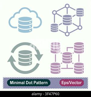 Minimal Dot Pattern Cloud Database, Distributed Database Network, Database Sync, and Server Cluster Vector Icons Set Stock Vector