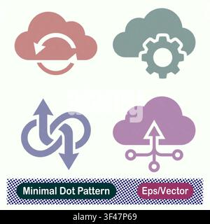 Minimal Dot Pattern Cloud Sync, Cloud Processing Gear, Continuous Flow Arrows, and Cloud Data Upload Vector Icons Set Stock Vector