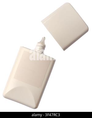 open sunscreen bottle isolated white background, beige plastic container with removed cap and blank label, skincare packaging mock-up Stock Photo
