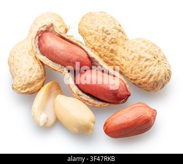 Peanuts whole and cracked peanut isolated on white background. File contains clipping paths. Stock Photo