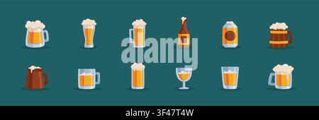 Colorful beer illustration element set with different beer containers set on a dark teak background. Stock Vector