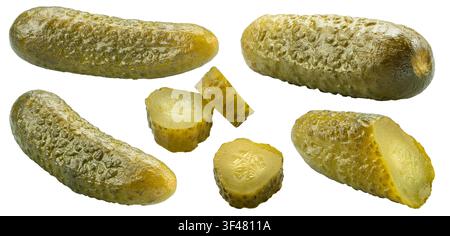 Pickled cucumbers and sliced gherkins isolated on white background. Organic healthy food product, cut out with clipping path, showing whole and sliced Stock Photo