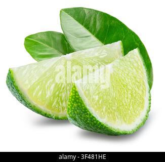 Two fresh juicy green lime slices with green lime leaves, isolated on a white background. Clipping Path. Maximum sharpness with stacking image. Stock Photo