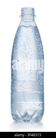 Full transparent plastic bottle of pure mineral water covered in fresh condensation drops, isolated on a white background. Clipping Path. Stock Photo