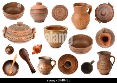 Various clay dishes from different angles isolated on white background. Stock Photo