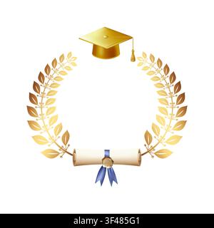 Elegant golden laurel wreath with graduation cap. Stock Vector