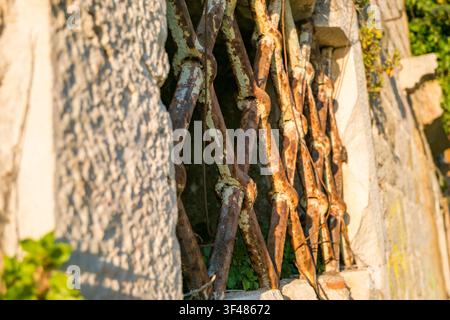 Rusty metal bars on a stone wall, with sunlight casting shadows. The scene conveys a sense of age and neglect. Stock Photo