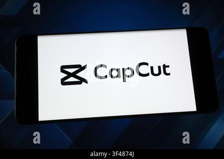CapCut logo displayed on a smartphone screen. CapCut is a video editing app developed by ByteDance Stock Photo