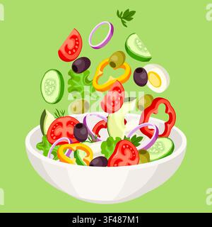 Fresh Greek salad. Vegetables flying in air bowl. Mediterranean diet. Stock Vector