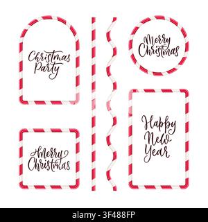 Vector 3d realistic candy cane frames and borders set. Circle, arch, square and rectangle christmas text templates isolated on white background. Merry Stock Vector