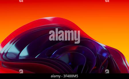 Vibrant 3D abstract background featuring glossy curved layers in red, purple, and blue, flowing like liquid ribbons across a bright orange gradient ba Stock Photo