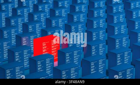 A red technology server cube stands out among many blue cubes. Each cube is marked with code and forms a vast network, showing data. Stock Photo