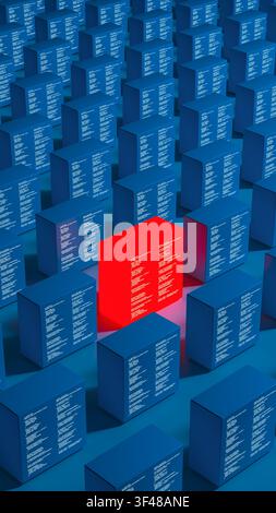 A red technology server cube stands out among many blue cubes. Each cube is marked with code and forms a vast network, showing data. Stock Photo