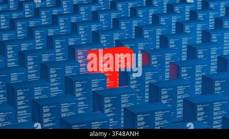 A red technology server cube stands out among many blue cubes. Each cube is marked with code and forms a vast network, showing data. Stock Photo