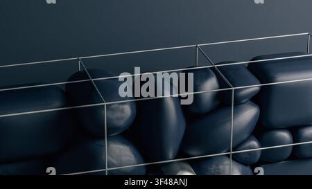 Stones are arranged within a grid structure. The color scheme includes dark tones with one light stone. The arrangement shows balance among elements. Stock Photo