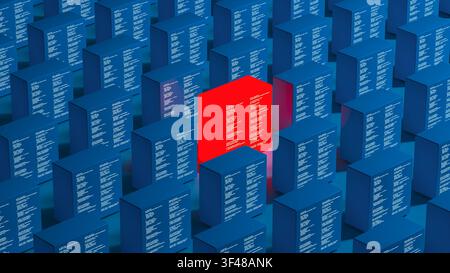 A red technology server cube stands out among many blue cubes. Each cube is marked with code and forms a vast network, showing data. Stock Photo