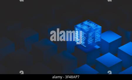A glowing technology data cube floats above other cubes in a dark area. It shows code and data clearly on its surface. Stock Photo
