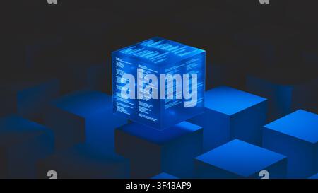 A glowing technology data cube floats above other cubes in a dark area. It shows code and data clearly on its surface. Stock Photo