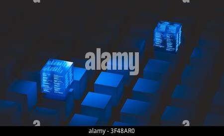 A glowing technology data cube floats above other cubes in a dark area. It shows code and data clearly on its surface. Stock Photo