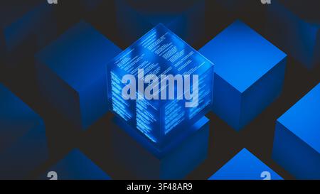 A glowing technology data cube floats above other cubes in a dark area. It shows code and data clearly on its surface. Stock Photo