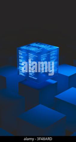 A glowing technology data cube floats above other cubes in a dark area. It shows code and data clearly on its surface. Stock Photo