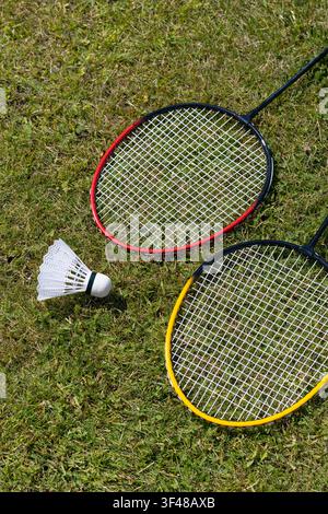Two badminton rackets with red and yellow frames lie on green grass beside a white shuttlecock, creating an outdoor sports flat lay. Stock Photo