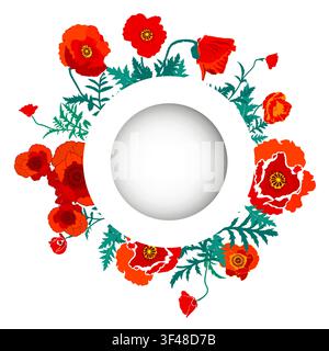 red poppy round frame . Hand drawn. Not AI, vector illustration. Stock Vector