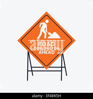 Road construction ahead metal diamond sign on stand with construction, transport Stock Vector