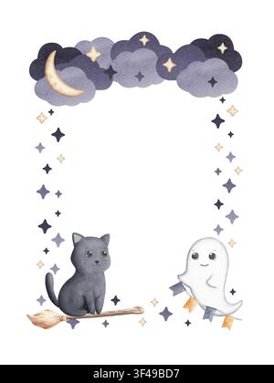 Frame with flying kitten and ghost among clouds, moon and stars watercolor hand drawn illustration isolated on white background. Cute magical template Stock Photo