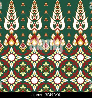 Thai Folk art design pattern Classic Damask Seamless Vector Illustration Elegant Vintage Floral carpet Luxury cloth Home Decoration green red yellow o Stock Vector