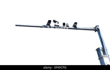 Multiple traffic surveillance cameras, sensors, and LED illuminators are mounted along a galvanized roadside gantry, isolated on white transparent Stock Photo