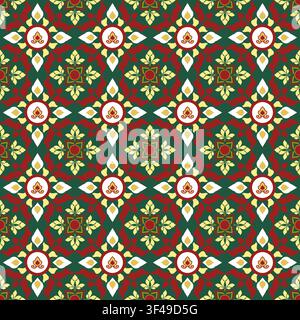 Thai Folk art design pattern Classic Damask Seamless Vector Illustration Elegant Vintage Floral carpet Luxury cloth Home Decoration green red yellow Stock Vector