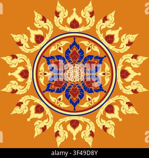 Thai Folk art design pattern Classic Damask Seamless Vector Illustration Elegant Vintage Floral carpet Luxury cloth Home Decoration red yellow orange Stock Vector