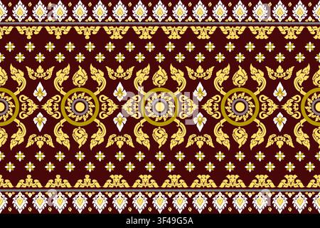 seamless pattern traditional Thai art Lai Thai Kranok gold white motifs floral elements burgundy background typical unique cultural heritage Southeast Stock Vector