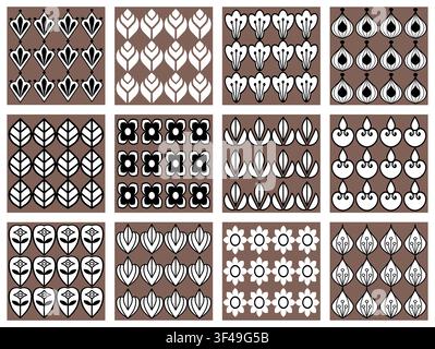 minimalist geometric patterns arranged motif organic forms leaves flower blossoms utilize contrast palette black white taupe dusty rose aesthetic folk Stock Vector