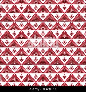seamless vector pattern geometric ethnic tribal motifs monochrome grayscale red white design variety shapes triangles chevrons symmetrical vertical Stock Vector